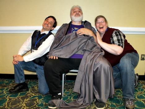 CJ goofs off with me and Peter Prellwitz at Ravencon last year